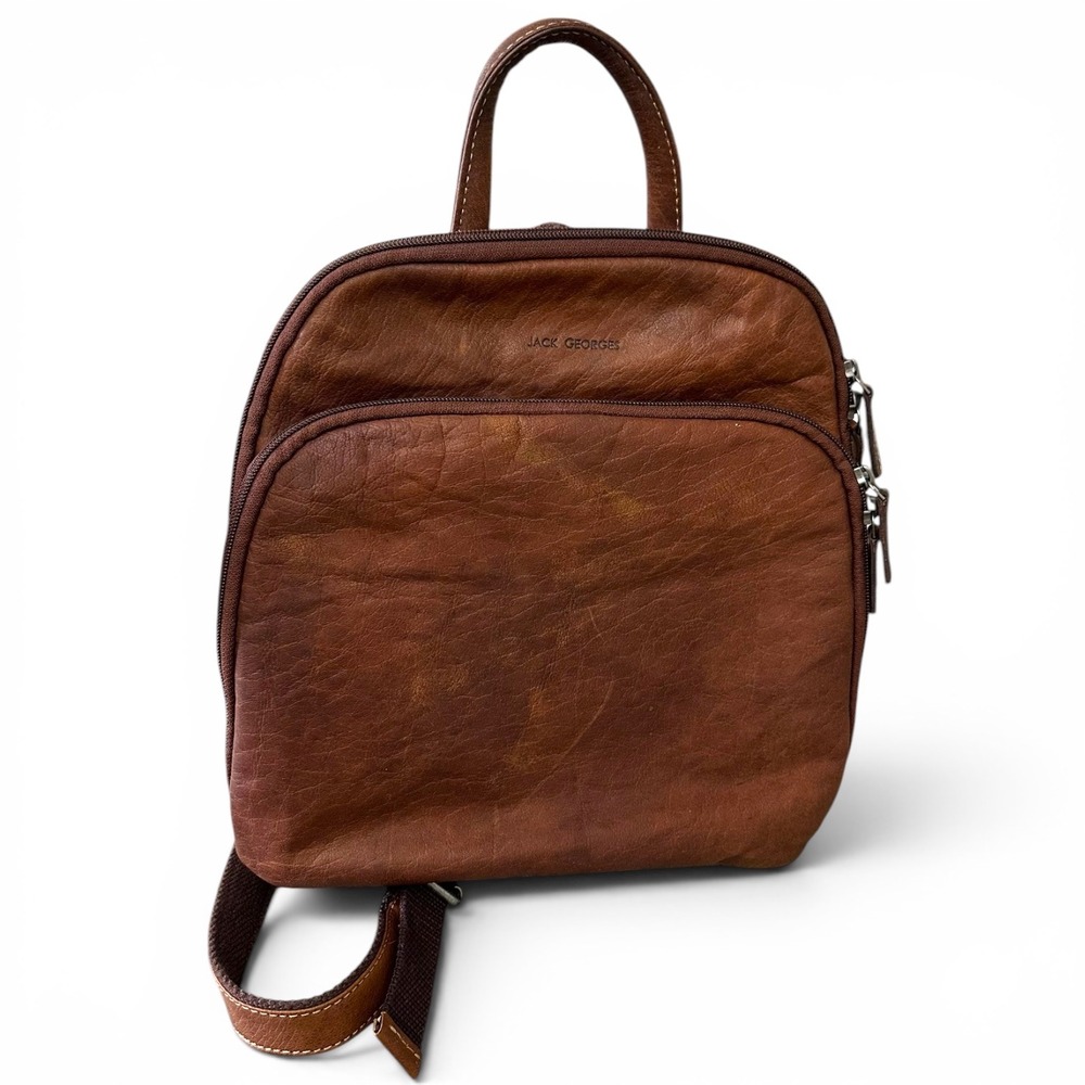 Jack Georges Brown Leather Small Backpack Zip Organizer Bag Womens